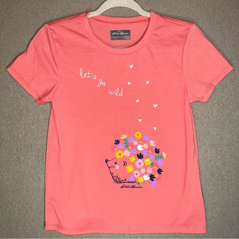 Eddie Bauer size large 14/16 Pink T-Shirt with Floral Hedgehog graphic